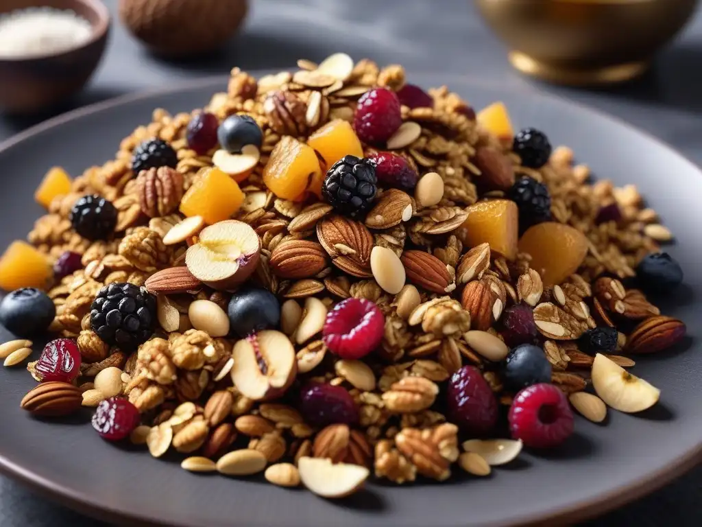 Deliciosa receta de granola casera vegana saludable, con textura crujiente y dorada, destacando avena, frutos secos, semillas y frutas deshidratadas