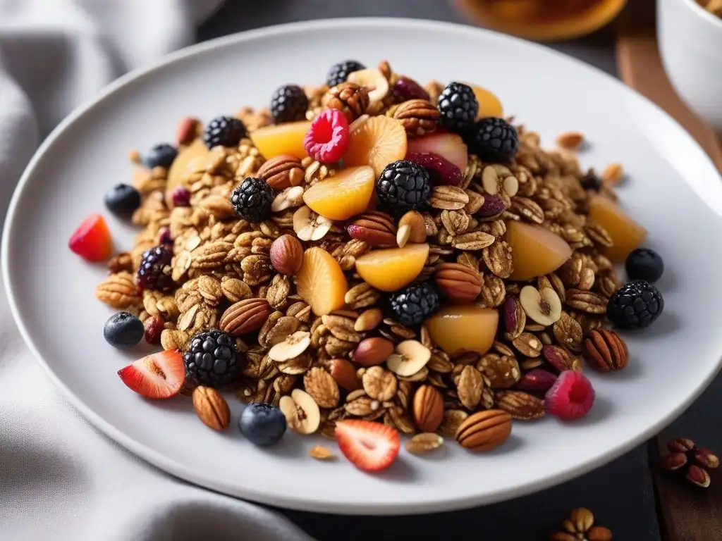 Deliciosa receta de granola casera vegana saludable en un plato blanco en una cocina rústica