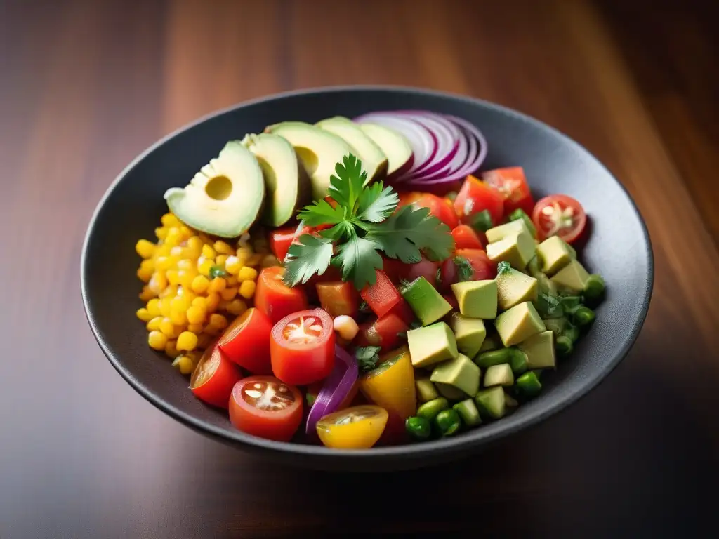 Deliciosa receta ceviche vegano sin pescado: bowl vibrante con vegetales coloridos y jugo cítrico, sobre mesa de madera