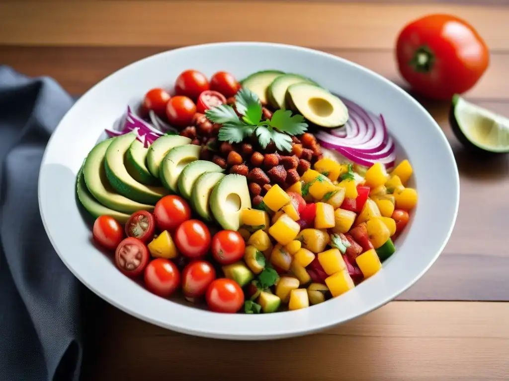 Deliciosa receta ceviche vegano sin pescado con vegetales frescos y aderezo cítrico en un elegante cuenco blanco sobre mesa de madera