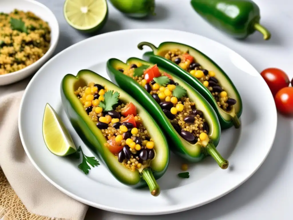 Deliciosa receta chiles rellenos vegana: Poblanos rellenos de quinoa, frijoles negros y queso sin lácteos, sobre un plato blanco con cilantro y limón