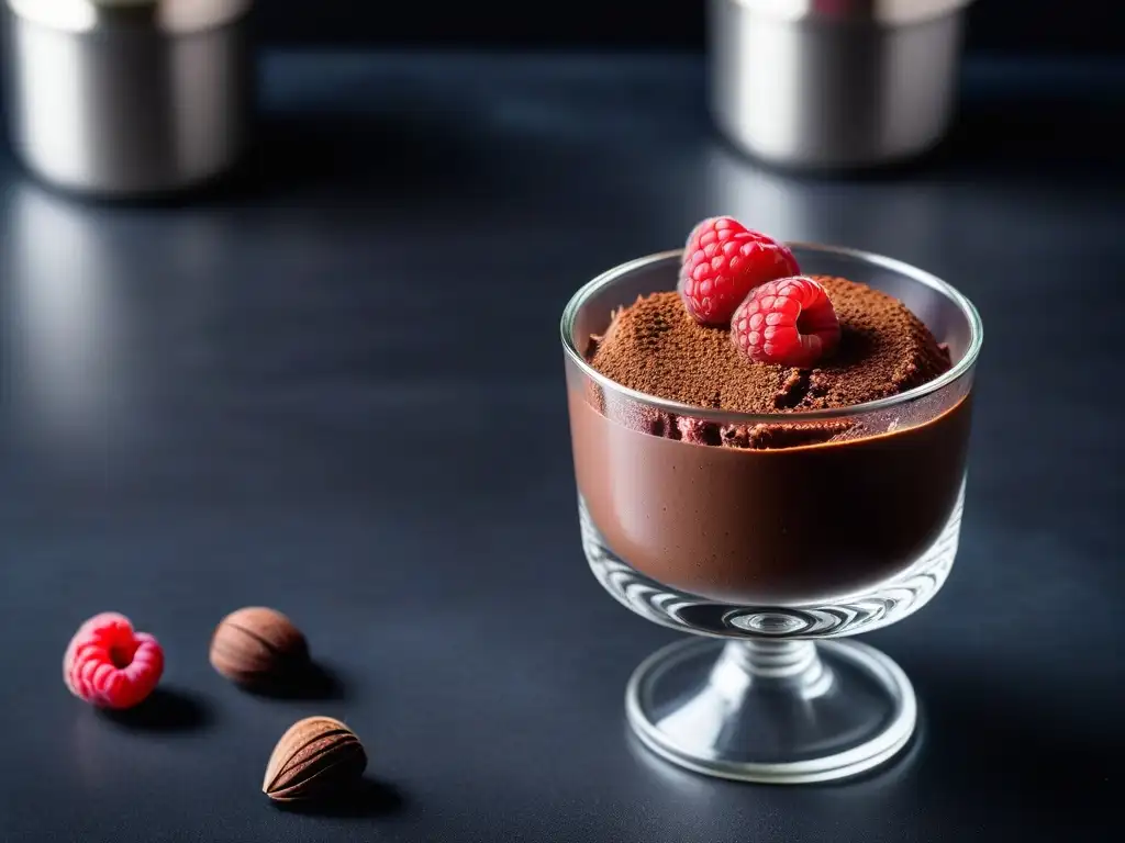 Deliciosa receta mousse chocolate vegano cremoso en copa, decorado con cacao y frambuesa