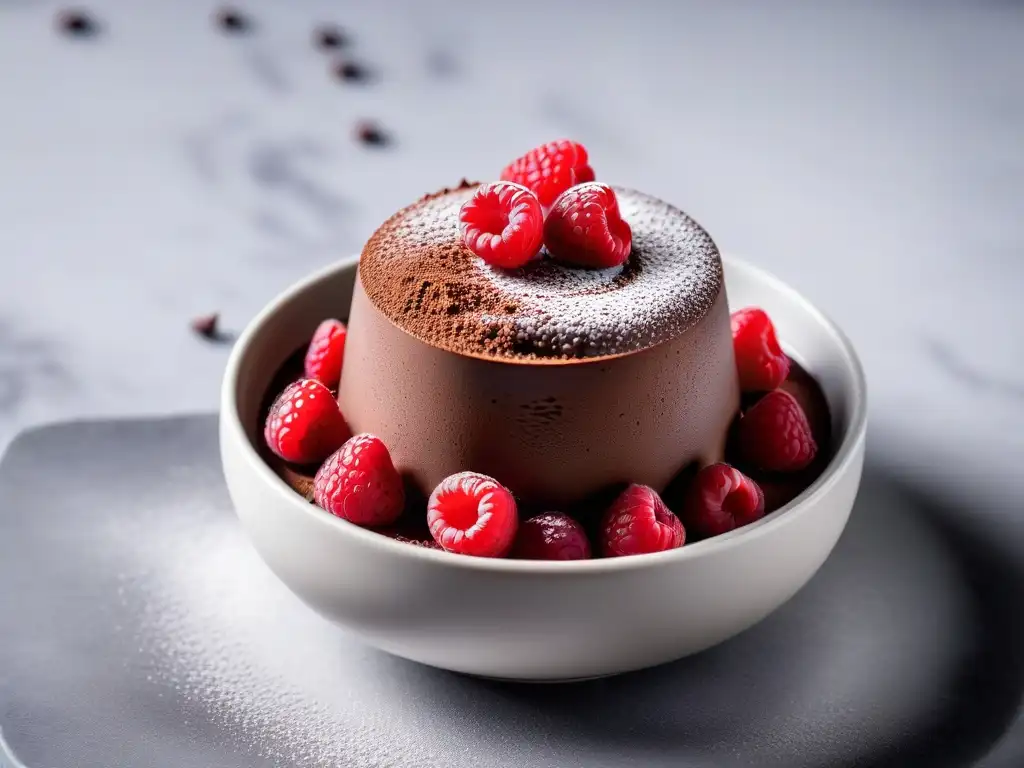 Deliciosa receta mousse chocolate vegano cremoso con frambuesas frescas y cacao en elegante bol sobre encimera de mármol