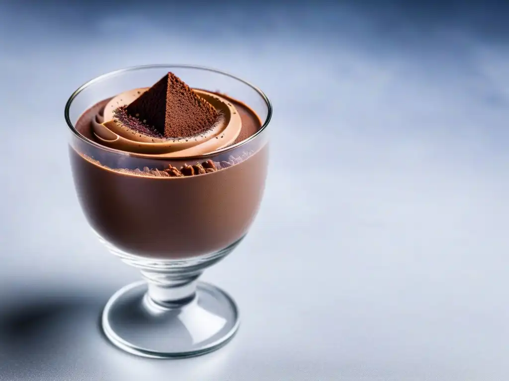 Deliciosa receta mousse chocolate vegano cremoso en elegante vaso transparente con polvo de cacao y virutas de chocolate