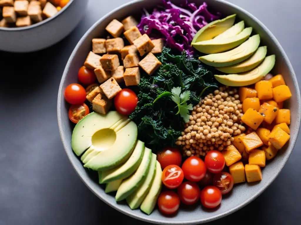 Deliciosa receta de cocina vegana con tofu: un Buddha bowl colorido y apetitoso en mármol blanco