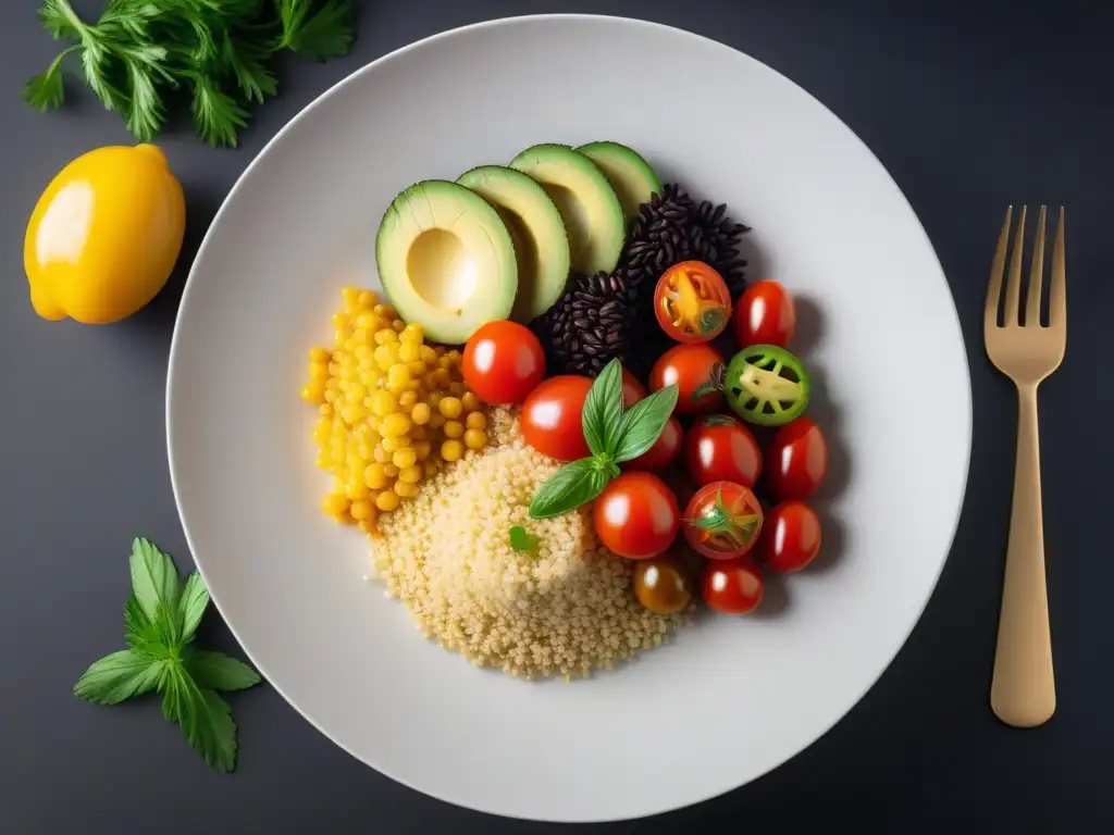 Deliciosa receta couscous vegano fácil con vegetales frescos y aderezo de limón tahini en un elegante plato blanco