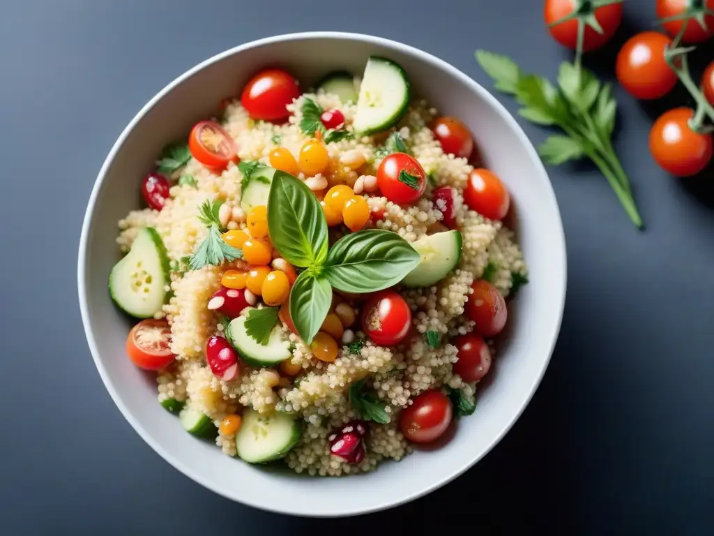 Deliciosa receta couscous vegano fácil en un bol blanco con verduras y aderezo de tahini, decorado con almendras y granada