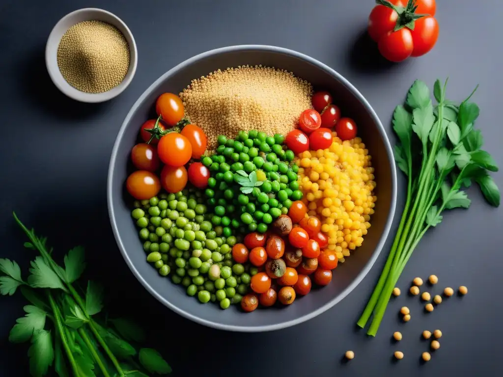 Deliciosa receta couscous vegano fácil con vegetales frescos y aderezo de tahini, sobre elegante mostrador de mármol