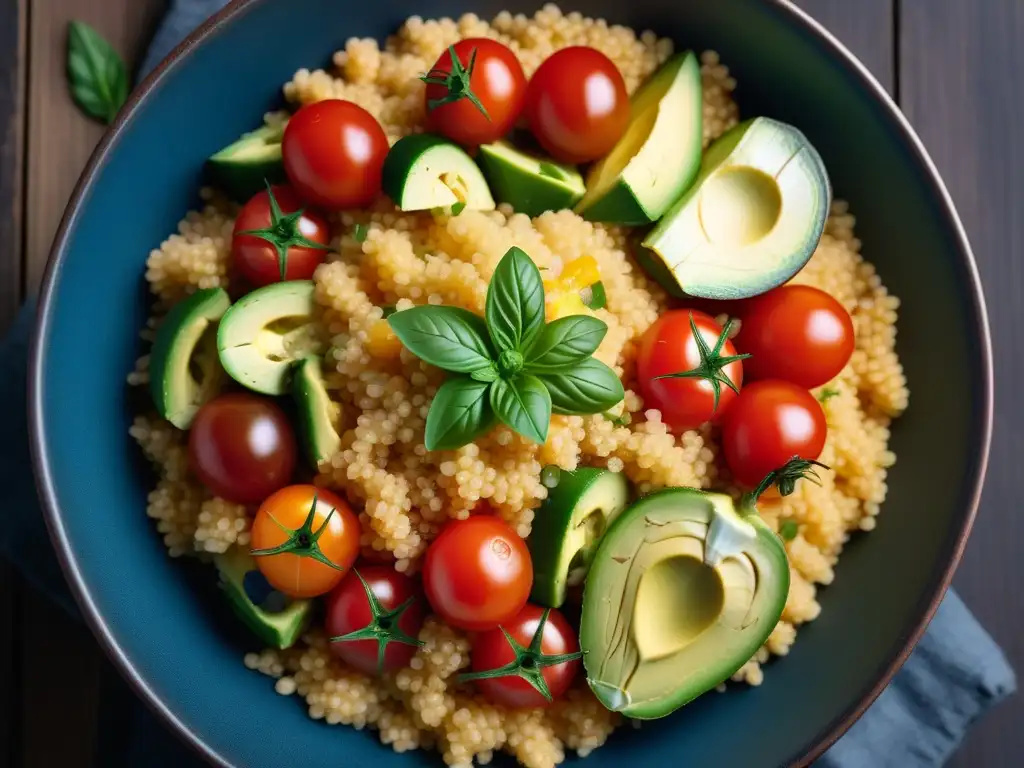 Deliciosa receta couscous vegano fácil en un bol contemporáneo con coloridas verduras frescas y aderezo de limón