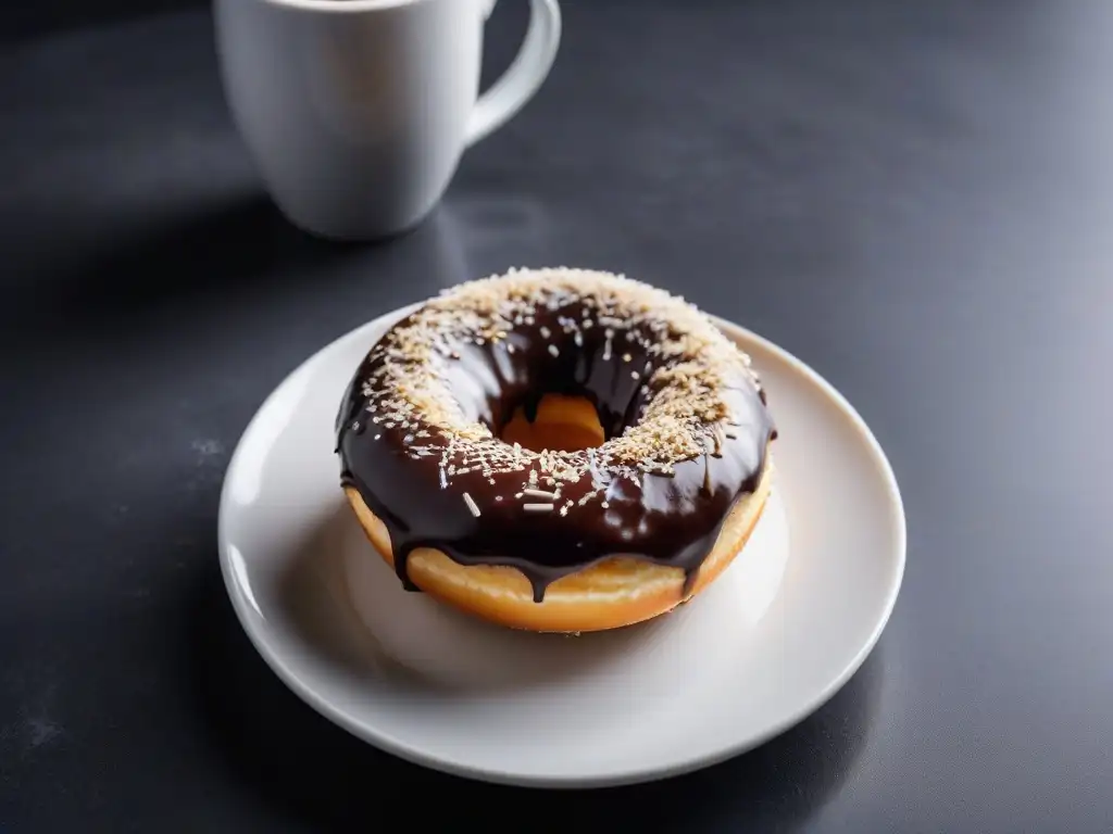 Deliciosa receta donas veganas sin gluten: dona de coco y chocolate con espresso en mármol