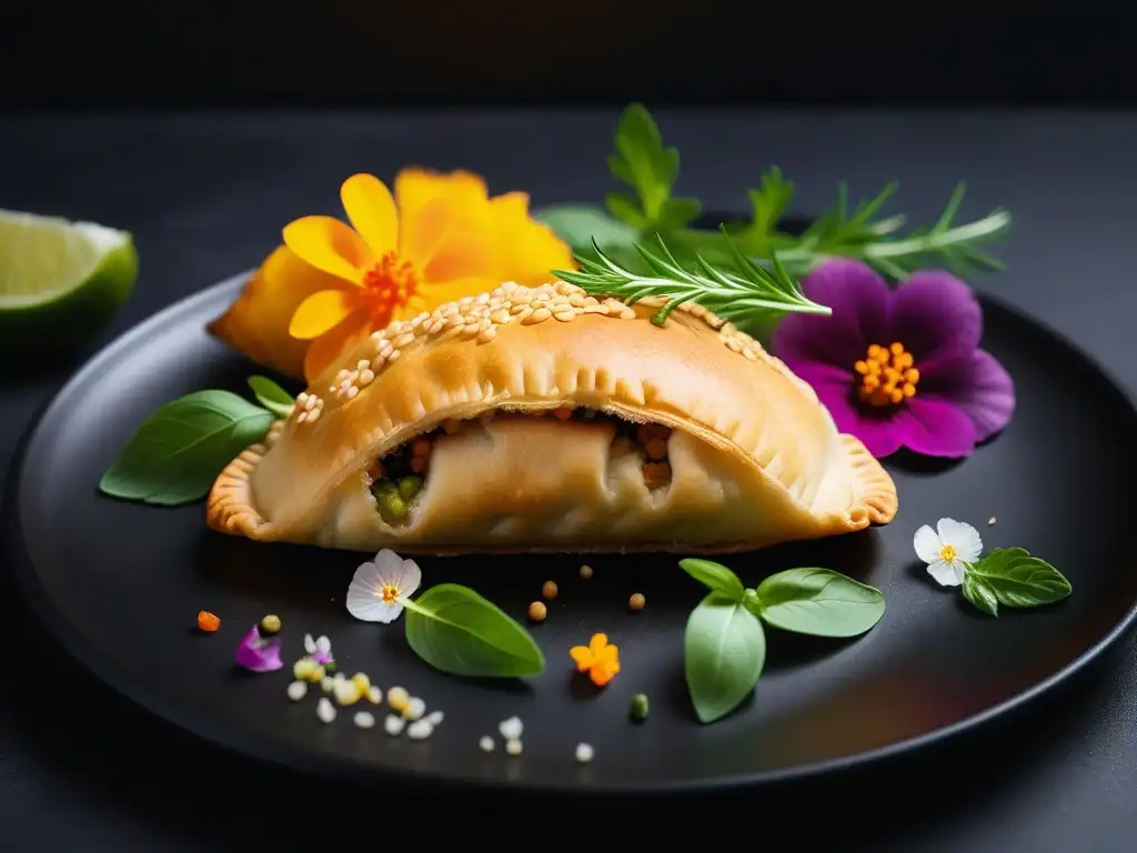 Deliciosa receta empanadas carne vegana: empanada dorada y crujiente con relleno sabroso, hierbas frescas y flores comestibles