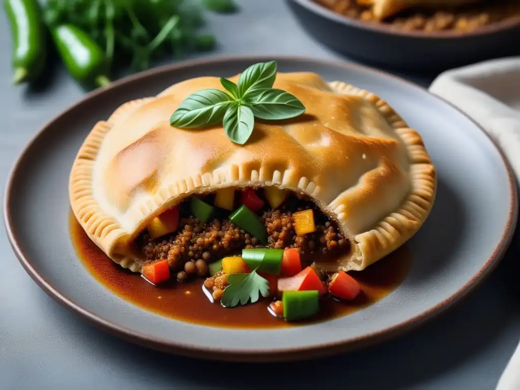 Deliciosa receta de empanadas carne vegana en un plato moderno, con hierbas frescas y verduras coloridas