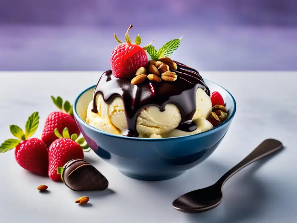 Deliciosa receta helados veganos caseros: helado, bayas frescas, salsa chocolate y nueces en un bol minimalista