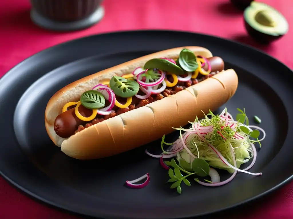 Deliciosa receta hot dogs veganos gourmet con toppings coloridos en un plato negro mate