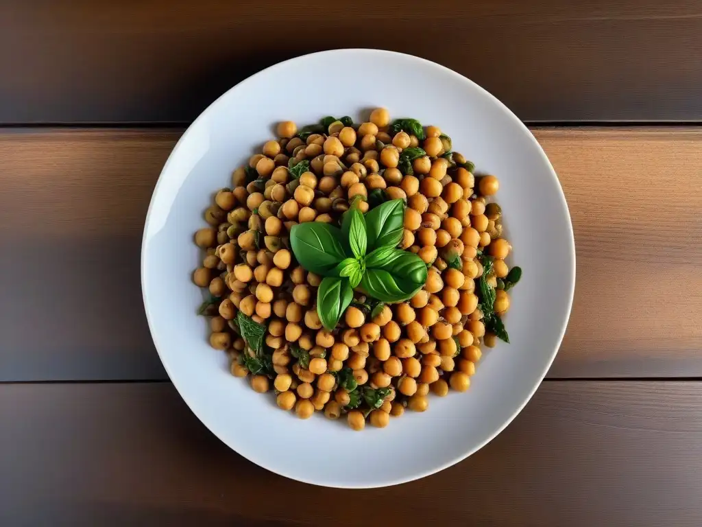 Deliciosa receta con legumbres veganas mediterráneas en plato cerámico sobre mesa rústica