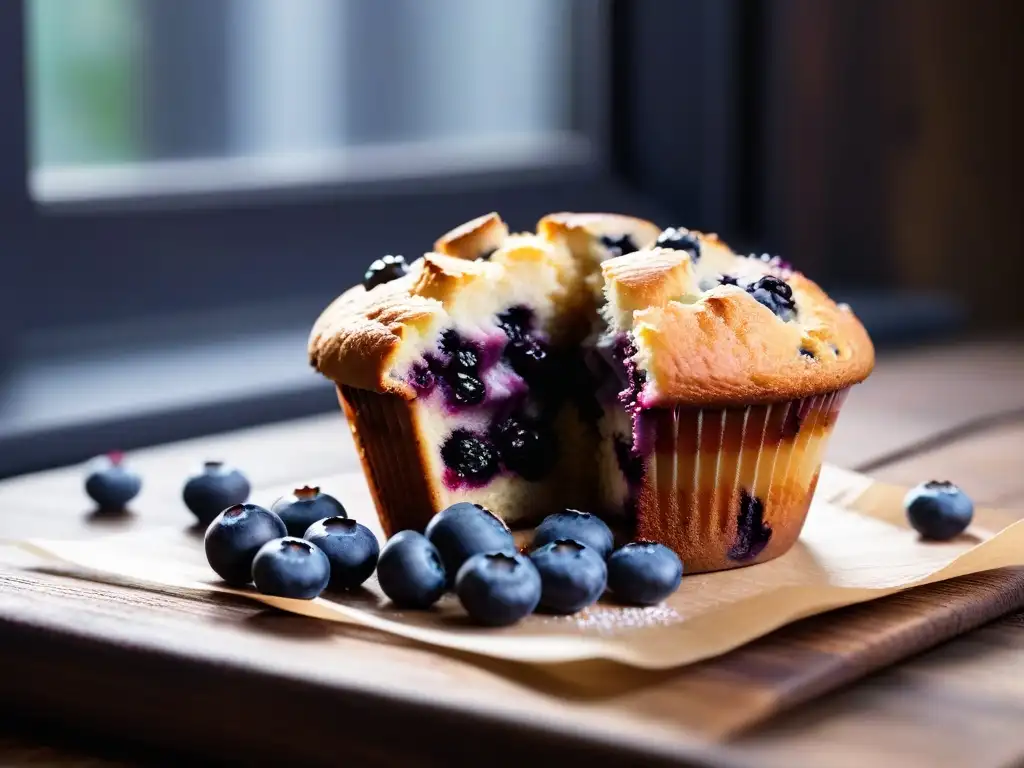Muffin vegano de arándanos: detalle irresistible Deliciosa receta de magdalenas veganas con sabores intensos: muffin de arándanos con crujiente cubierta dorada y azúcar glass