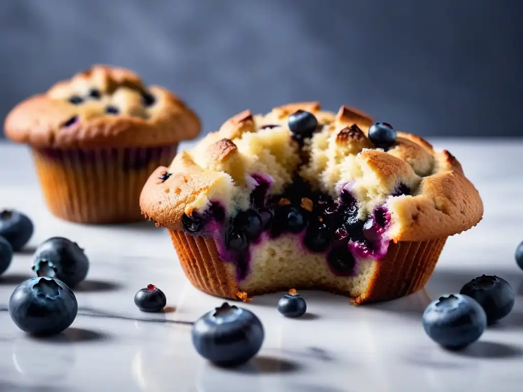 Deliciosa receta de muffin vegano de arándanos en un elegante mostrador de mármol