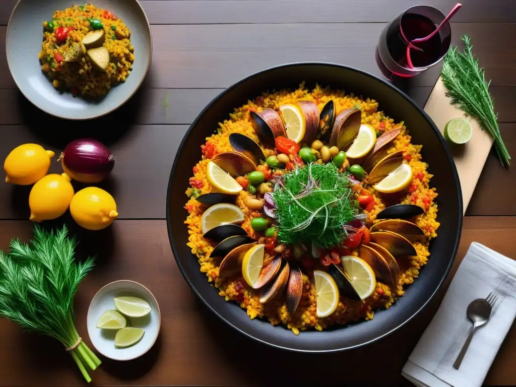 Deliciosa receta paella vegana fácil con ingredientes coloridos y frescos en una presentación moderna y vibrante