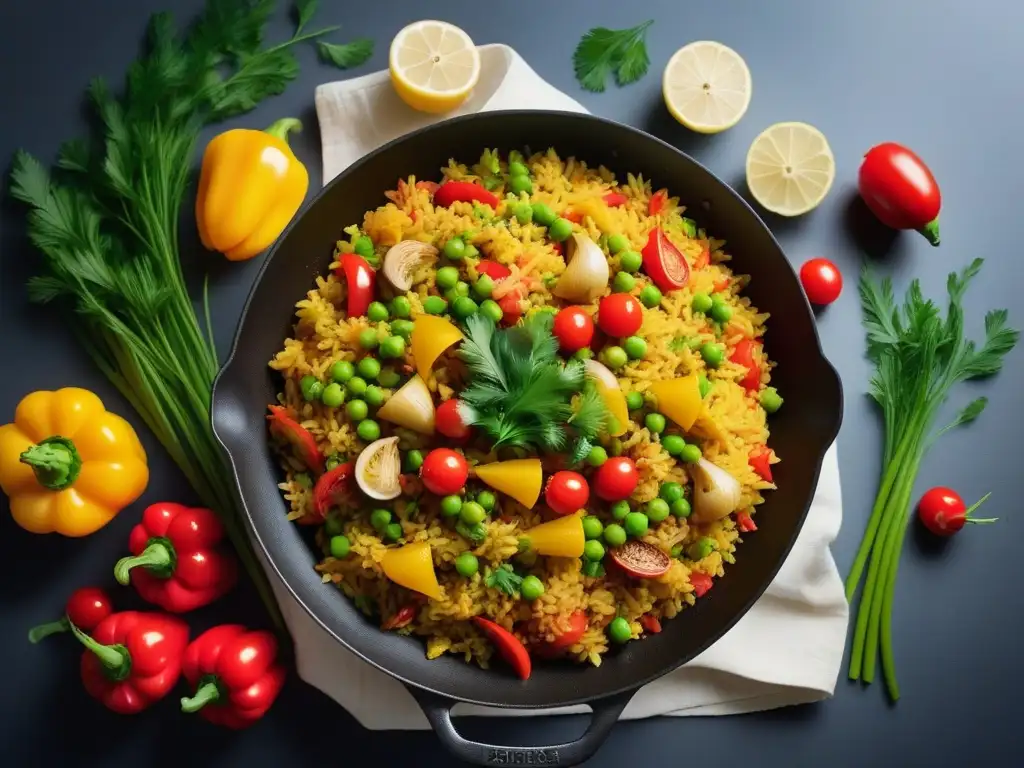 Deliciosa receta paella vegana fácil: paella colorida con vegetales frescos, arroz de azafrán, adornada con perejil y limón