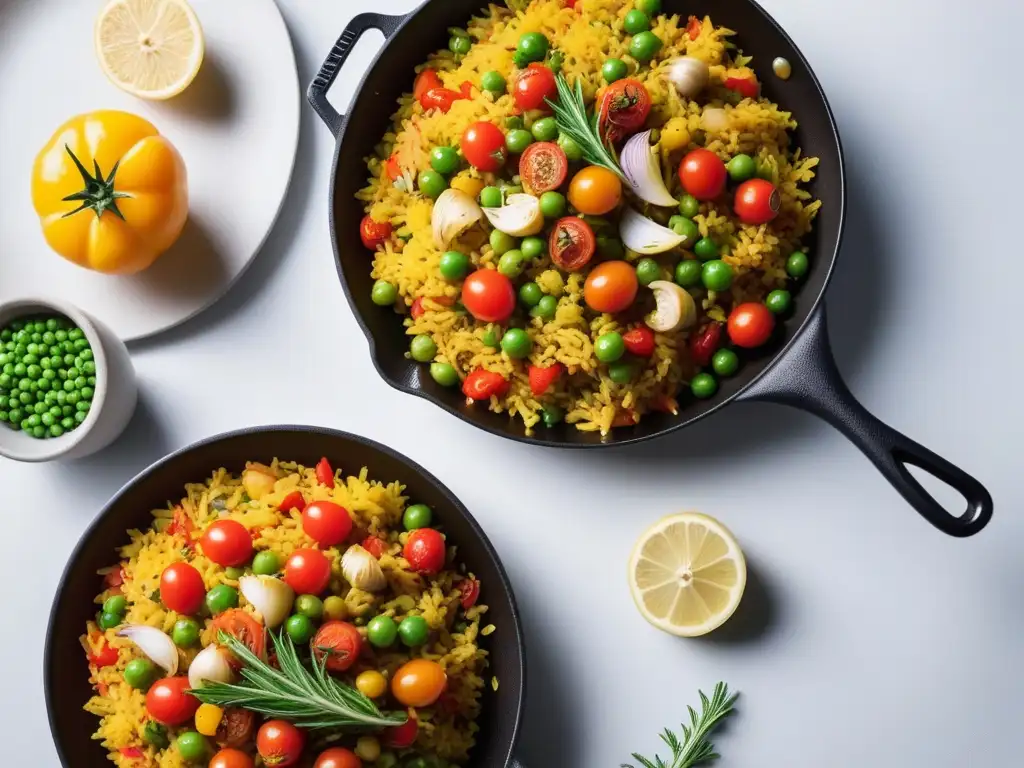 Deliciosa receta paella vegana fácil con vibrantes colores y frescura en elegante presentación de cocina moderna