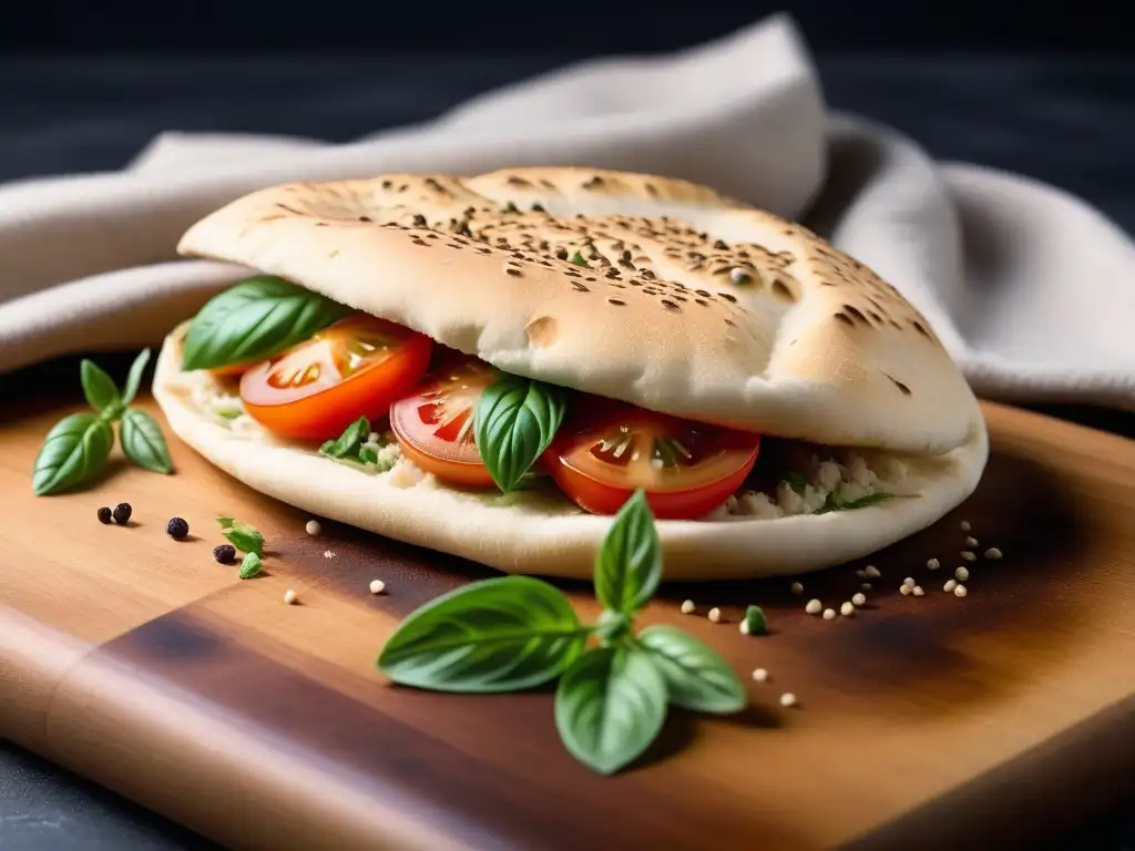 Deliciosa receta pan de pita vegano recién horneado con semillas de sésamo, hierbas frescas y tomates cherry en un ambiente moderno y profesional