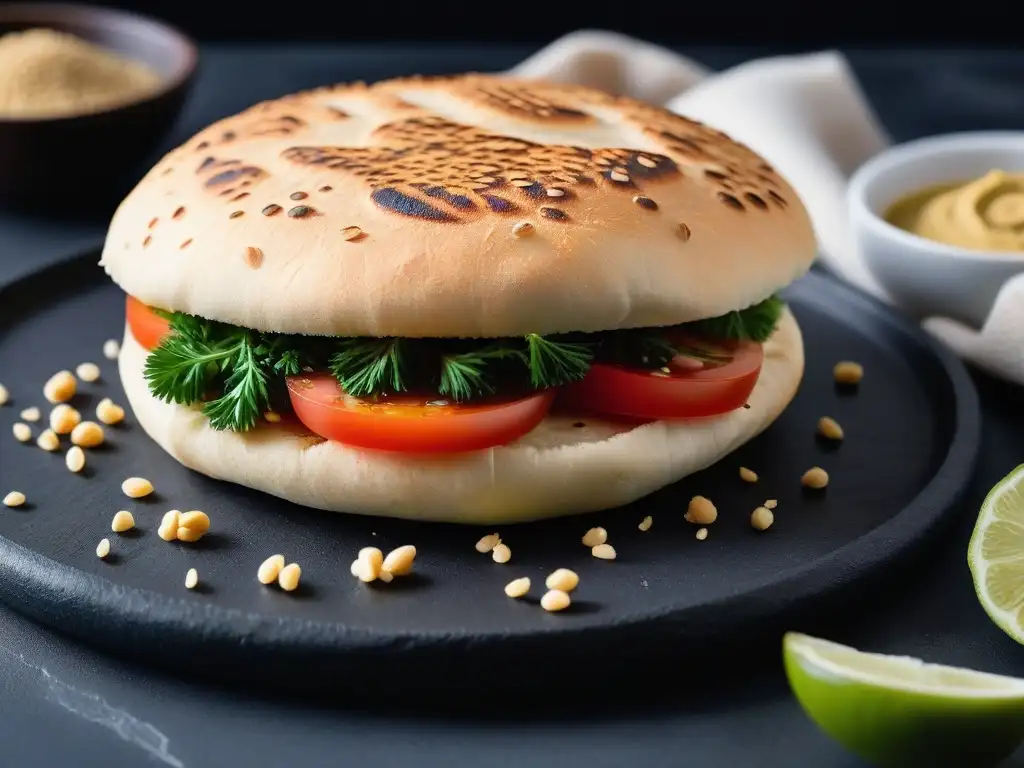 Deliciosa receta pan pita vegano sin gluten en un plato de pizarra, con una corteza dorada y semillas de sésamo