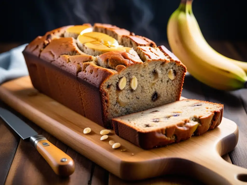 Deliciosa receta de pan de plátano vegano con miel y bananas frescas en tabla rústica