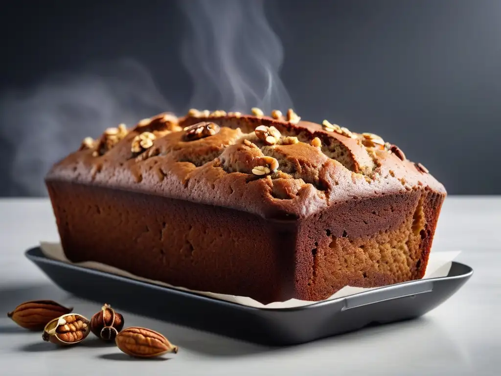Deliciosa receta de pan de plátano vegano recién horneado, con corteza dorada y nueces, en ambiente acogedor