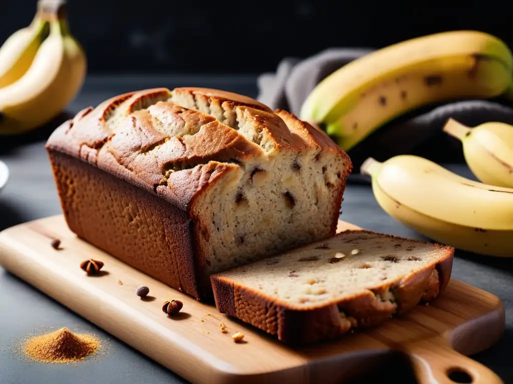 Deliciosa receta de pan de plátano vegano, recién horneado, con rodajas de plátano y canela, sobre tabla de madera en cocina moderna