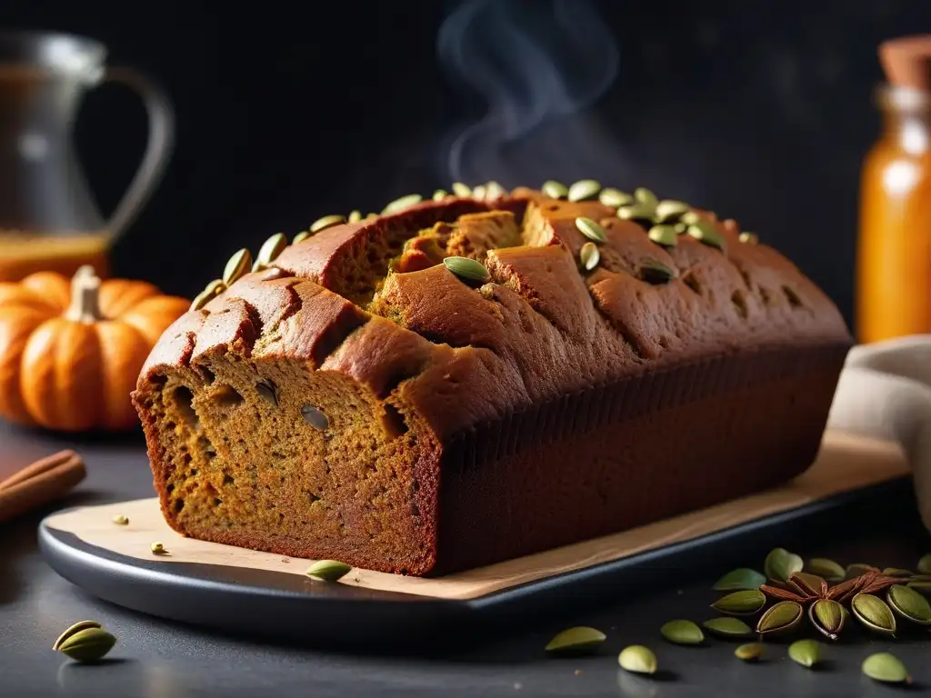 Deliciosa receta de pan de calabaza vegano recién horneado, con corteza dorada y semillas de calabaza, vapor y miga húmeda