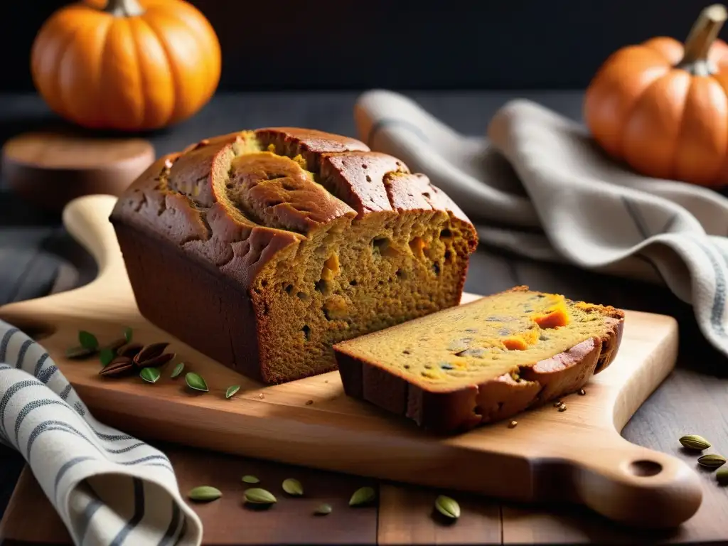 Deliciosa receta de pan de calabaza vegano recién horneado en tabla rústica, rodeado de ingredientes otoñales