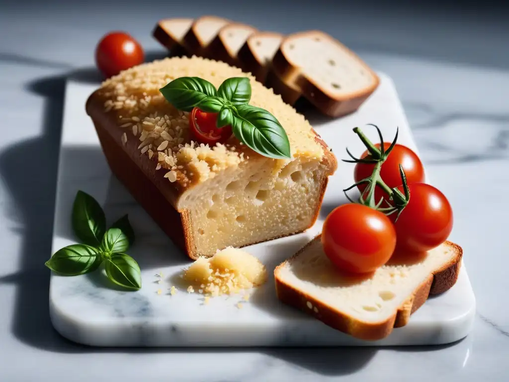 Delicioso queso vegano: una tentadora escena culinaria vegan Deliciosa receta parmesano vegano casero con tomates, albahaca y pan en tabla de mármol iluminada