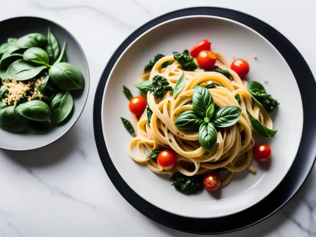 Una deliciosa receta de pastas veganas gourmet con fettuccine de espinacas y verduras asadas, bañadas en salsa alfredo de anacardos