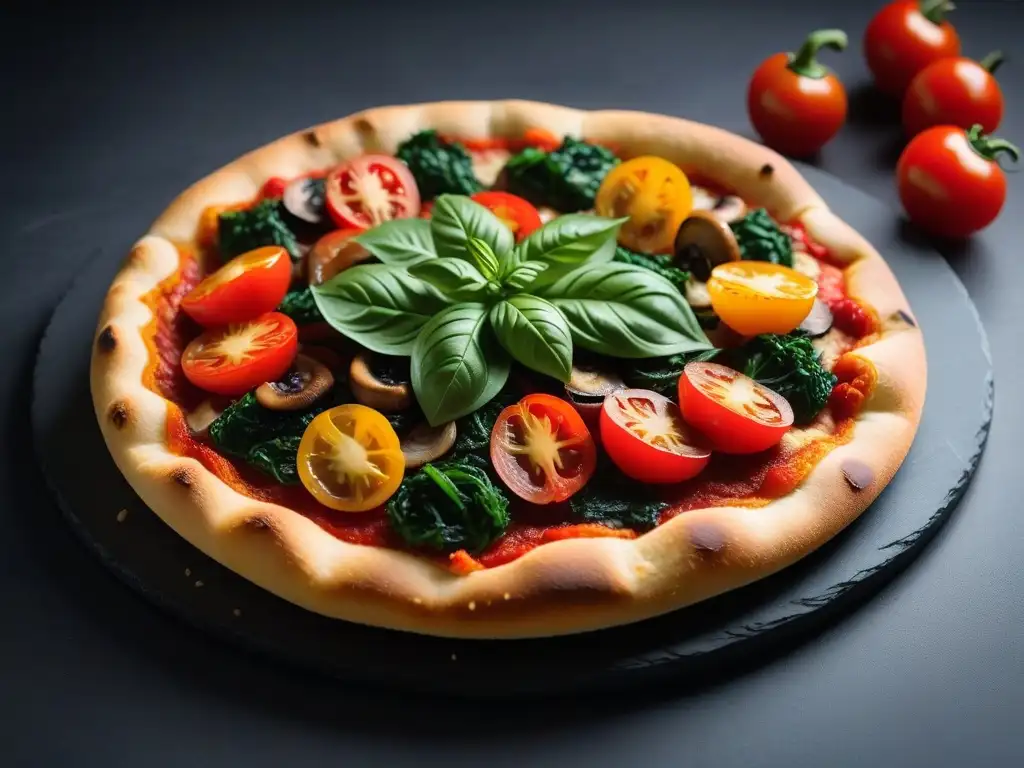 Deliciosa receta pizza vegana sin gluten con verduras coloridas y queso derretido sobre una tabla moderna de pizarra