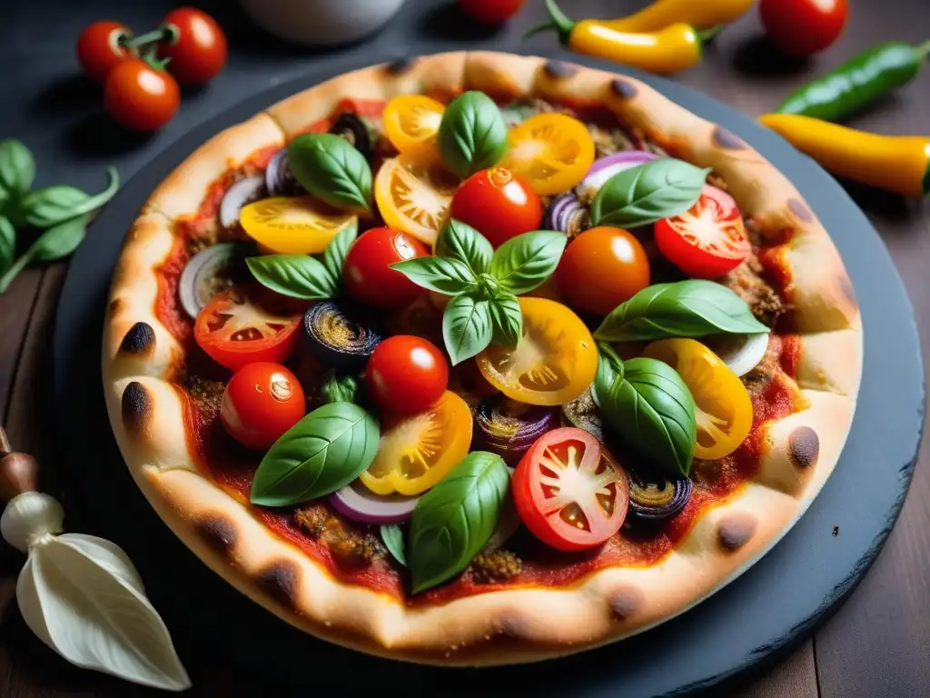 Deliciosa receta pizza vegana sin gluten con crujiente corteza dorada y coloridas verduras frescas