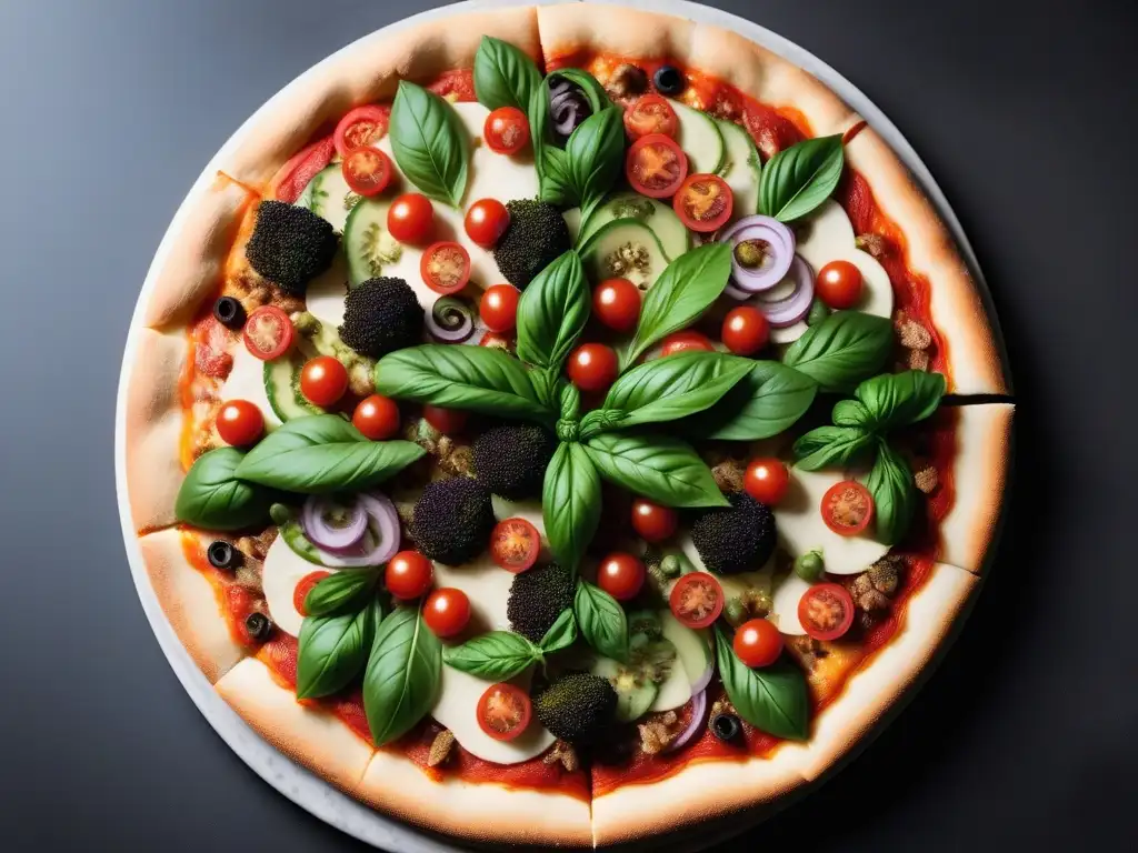 Deliciosa receta pizza vegana sin gluten con ingredientes frescos y coloridos sobre una crujiente masa dorada