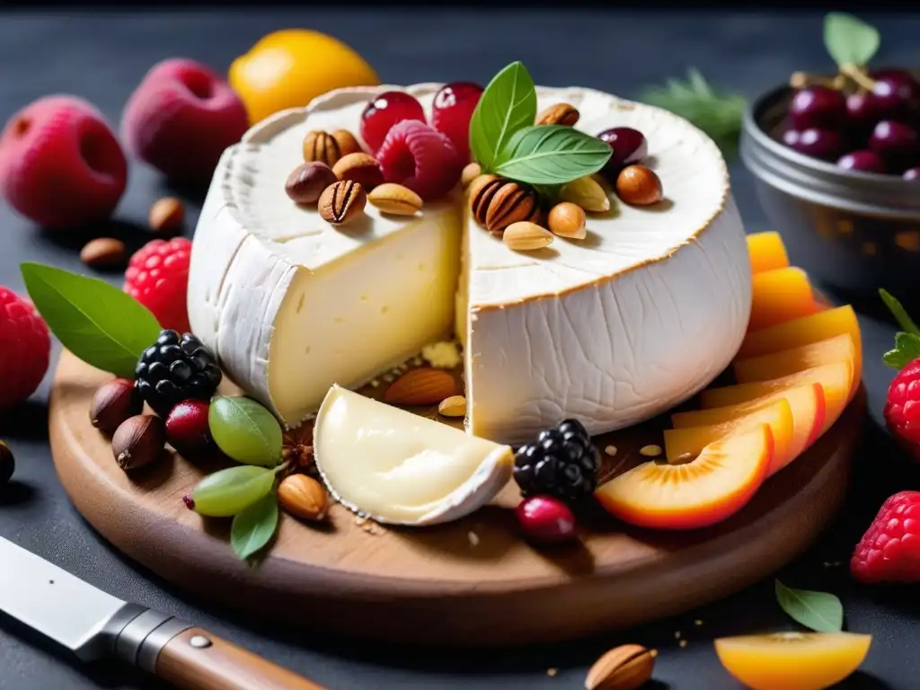 Deliciosa receta queso Camembert vegano casero rodeado de frutas, nueces y hierbas en tabla rústica