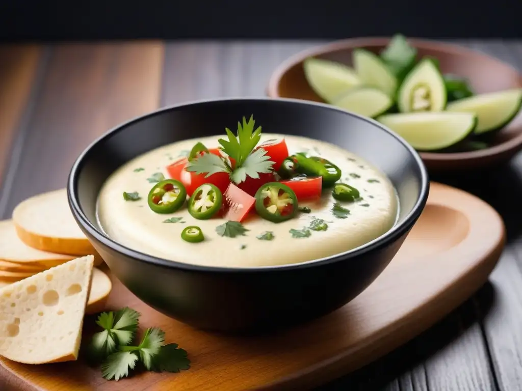 Deliciosa receta de queso vegano latino: queso fresco con cilantro, tomate y jalapeño en bol de cerámica negro sobre mesa de madera