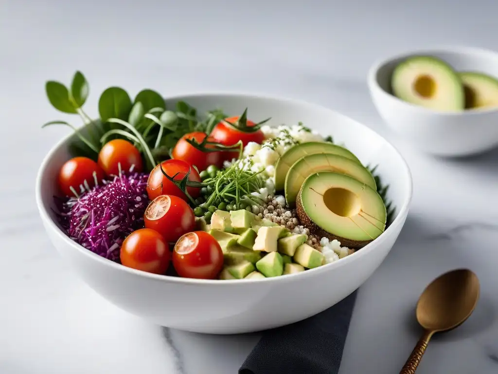 Deliciosa receta queso cottage vegano con aguacate, tomates y microgreens en mármol