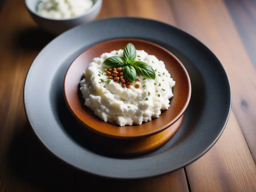 Deliciosa receta queso cottage vegano en un tazón de cerámica sobre mesa de madera rústica, resaltando su textura cremosa y especias