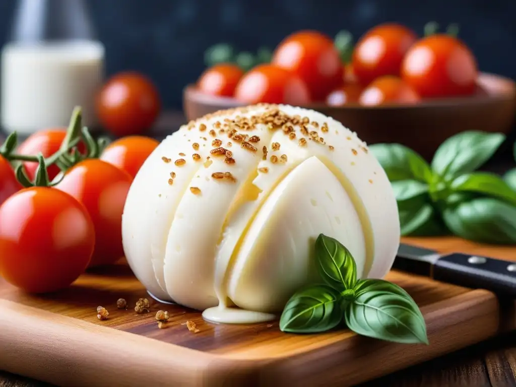 Deliciosa receta de queso mozzarella vegano casero con tomates y albahaca fresca en tabla de madera