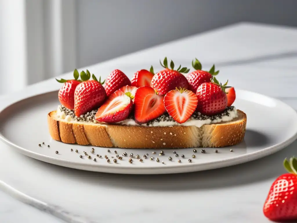 Deliciosa receta queso cottage vegano en tostada con fresas, semillas de chía y sirope de agave en plato blanco sobre encimera de mármol