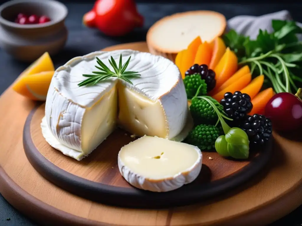 Deliciosa receta queso Camembert vegano casero con textura cremosa, rodeado de coloridas frutas y verduras frescas