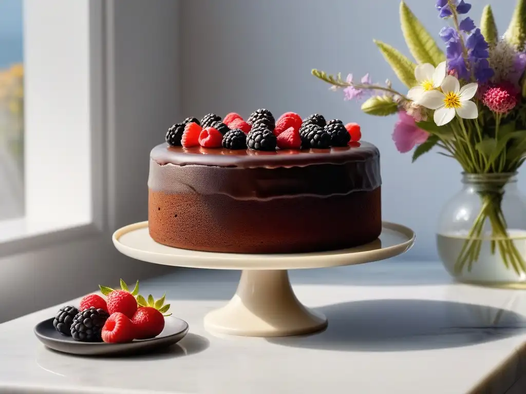 Deliciosa receta de repostería vegana: exquisita tarta de chocolate decorada con frutos rojos y flores comestibles en elegante cocina minimalista