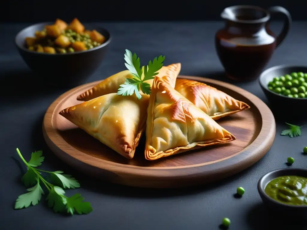 Deliciosa receta samosas veganas: samosa dorada y crujiente, rellena de papas, guisantes y cebolla, con cilantro y chutney de tamarindo