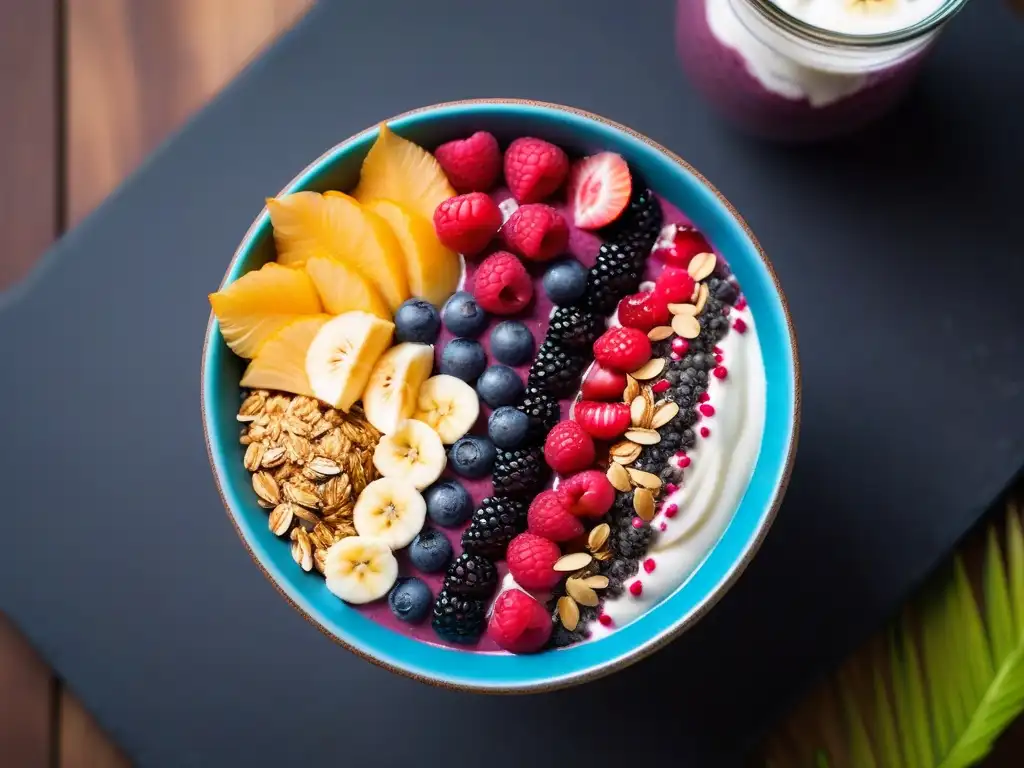 Deliciosa receta de smoothie vegano superfood en bowl con bayas frescas y semillas chía, sobre mesa de madera con hoja tropical verde al fondo