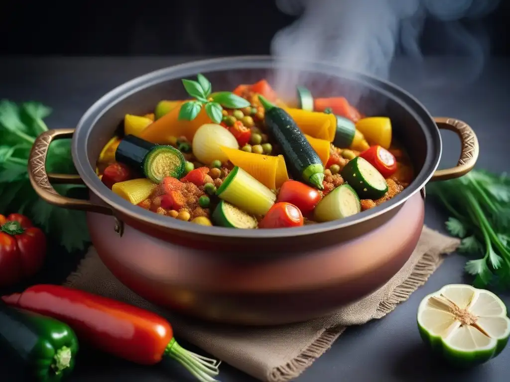 Deliciosa receta tagine verduras vegano con vegetales coloridos y especias aromáticas en un tajine tradicional marroquí