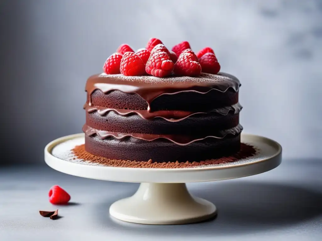 Deliciosa receta tarta chocolate vegana con frosting cremoso y frambuesas frescas, sobre base blanca moderna