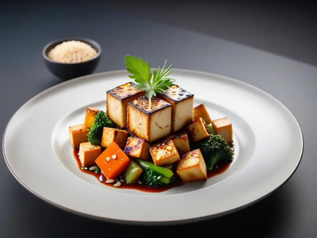 Una deliciosa receta de tofu vegano gourmet con vegetales salteados y salsa, presentada en un elegante plato de cerámica en una mesa minimalista