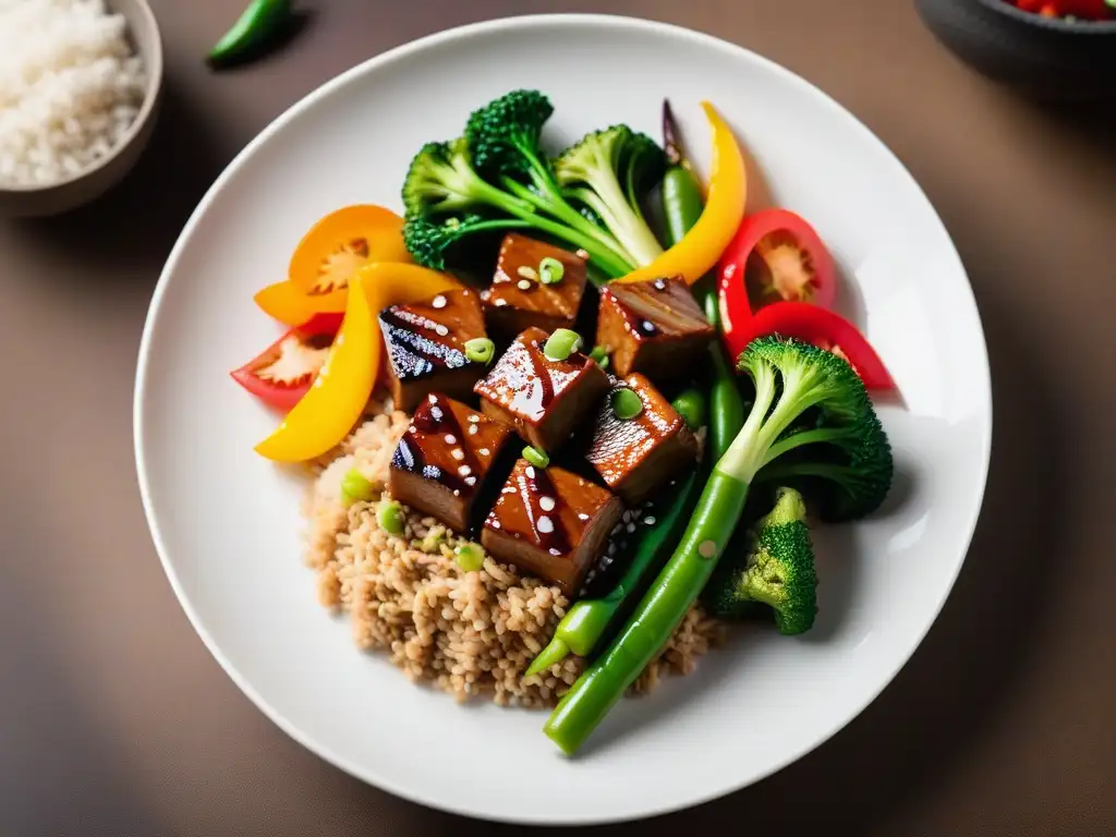 Deliciosa receta de Seitan con un toque asiático, presentada con colores vibrantes y detalles intrincados en un plato blanco moderno